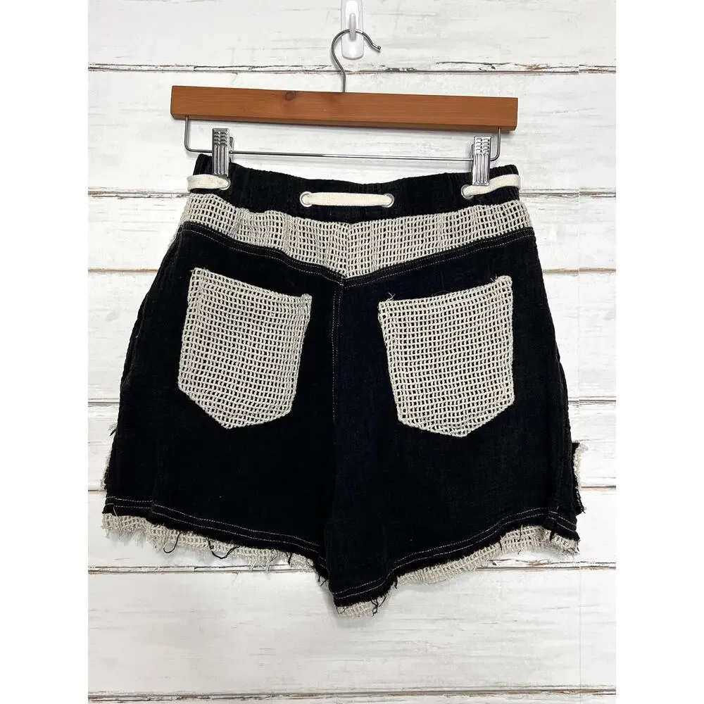 POL Black Cotton Crochet Trim Shorts Size Small Boho Drawstring Pockets